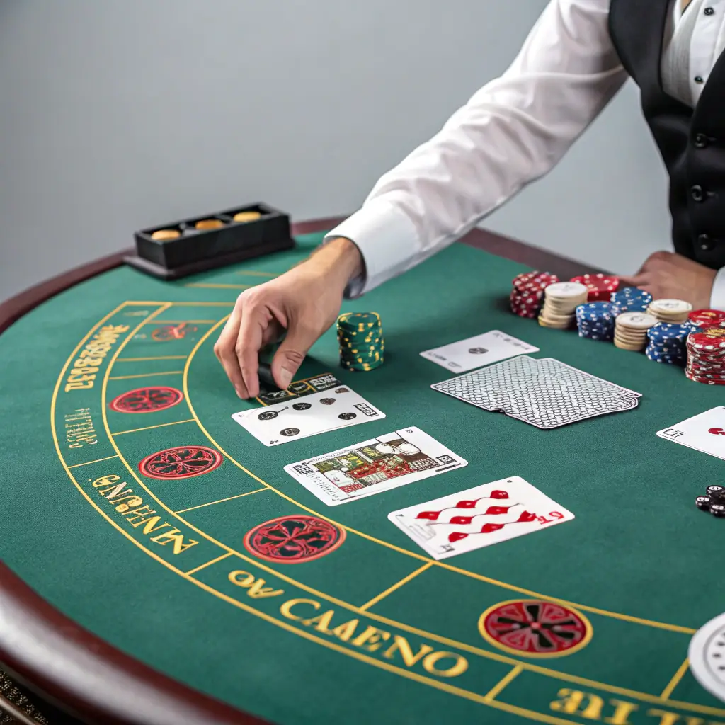 An image illustrating the basic rules of Blackjack, showing a dealer and player with cards, highlighting key terms like 'Hit, ' 'Stand, ' and 'Bust' in a casino setting.